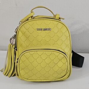 Steve Madden Bright Yellow Quilted Logo Pattern Mini Backpack with Tasse & Charm